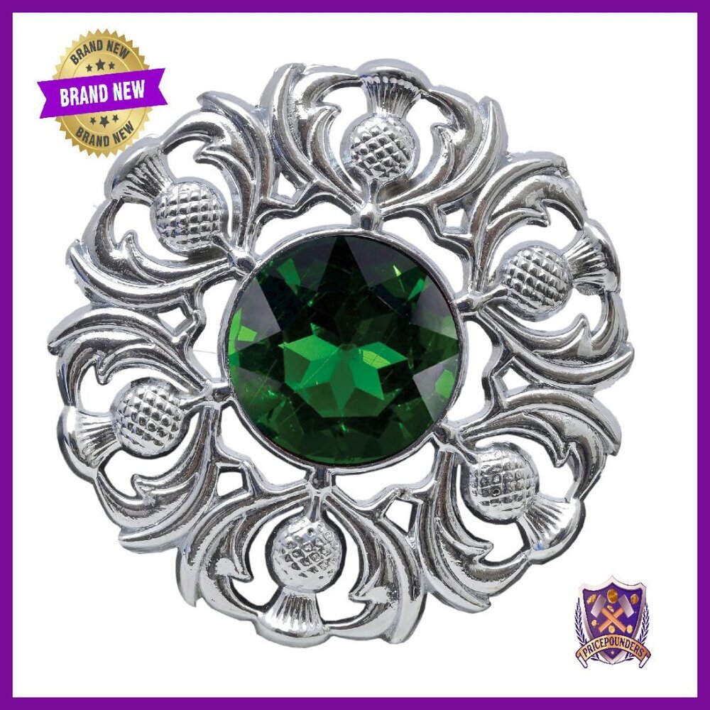 Handcrafted Pewter Thistle Brooch with Sparkling Stone 3 Inch Pin